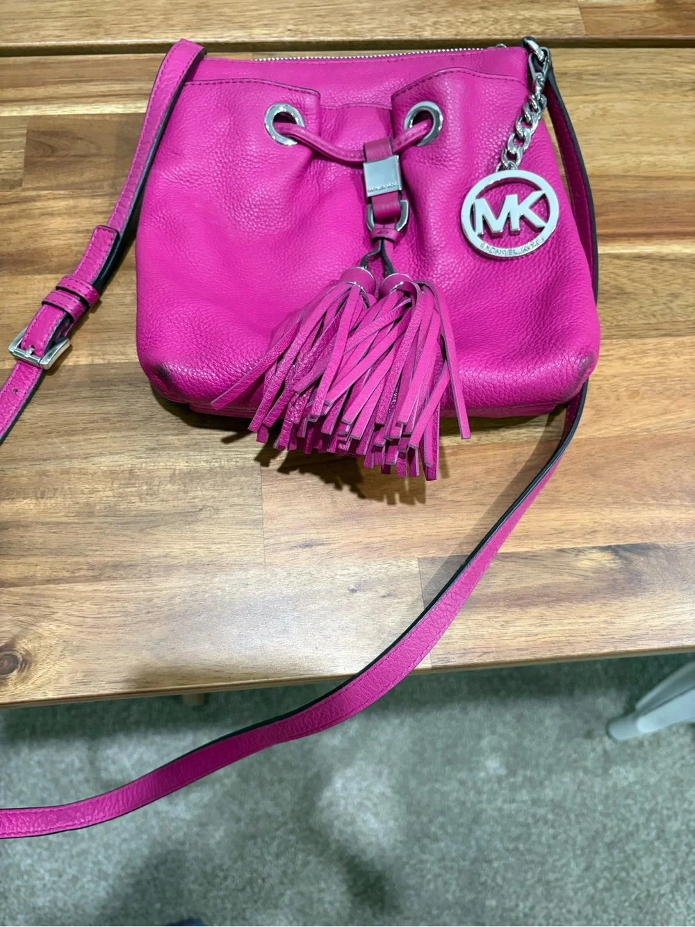 Michael Kors Hot Pink Pebbled Leather Crossbody with Tassel & Wallet
